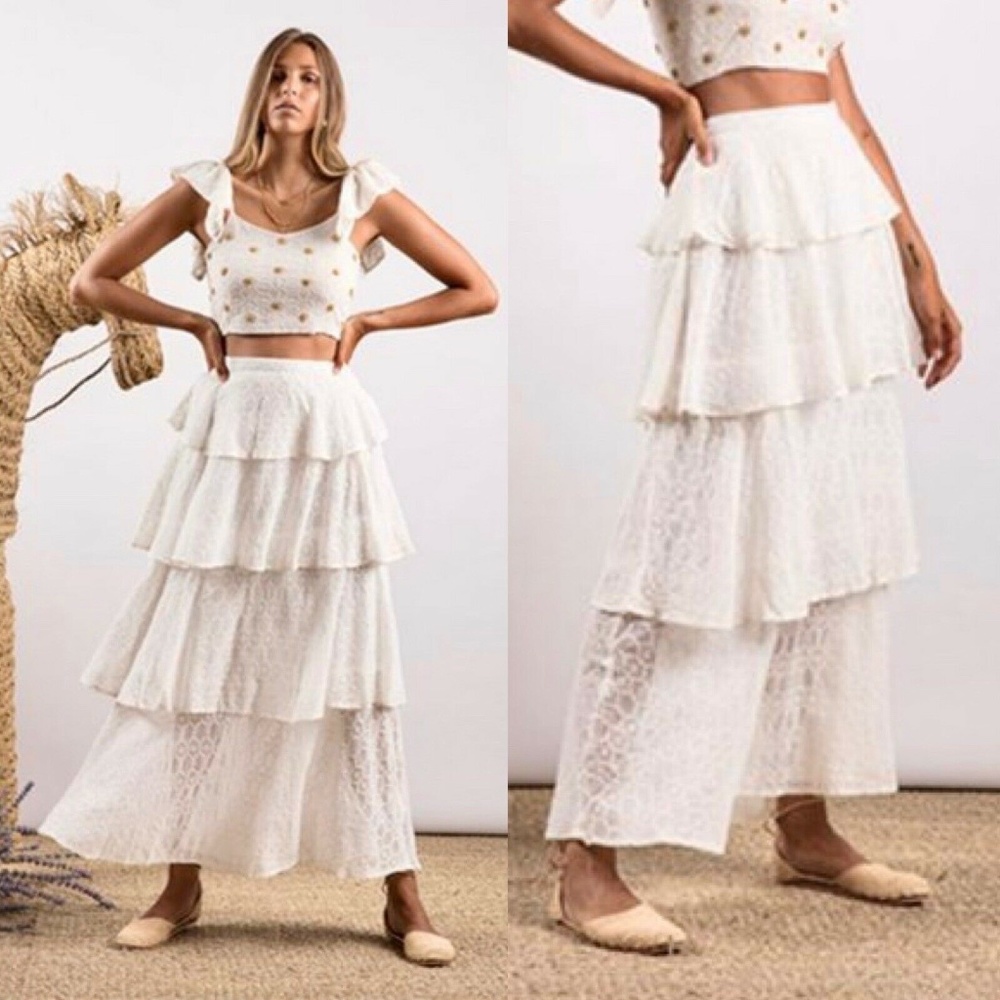 SUNDRESS Adrian Eyelet Embroidered Tiered Ruffle Maxi Skirt in Off White